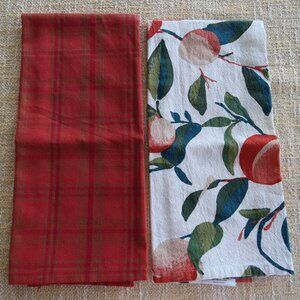 2 Rusty Red & Green Cotton Kitchen Dish Towels Plaid & Oranges